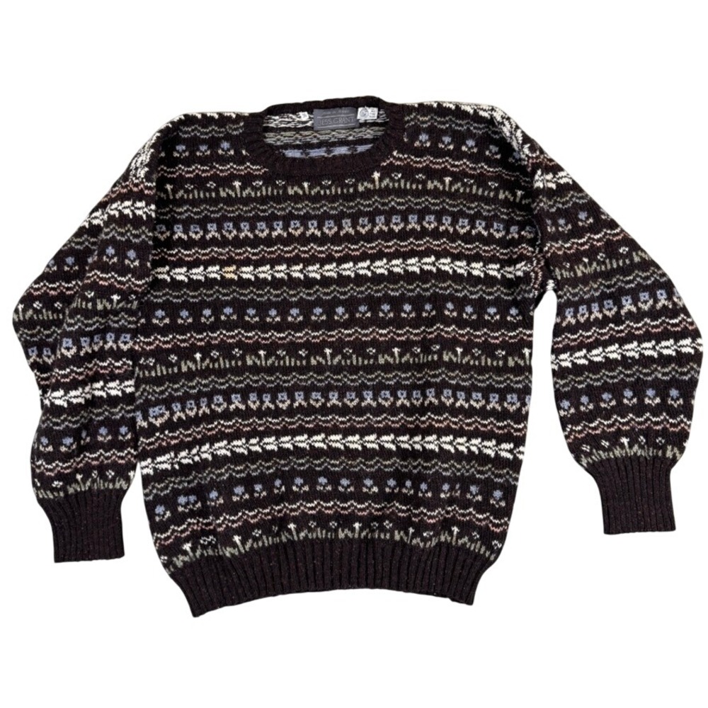 Vintage Jess Grant Wool Fair Isle Sweater Made in Britain Brown Women's 36 UK